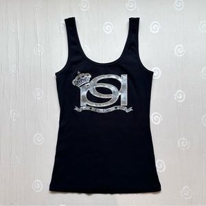 Bebe y2k graphic rhinestone logo ribbed black tank top size medium